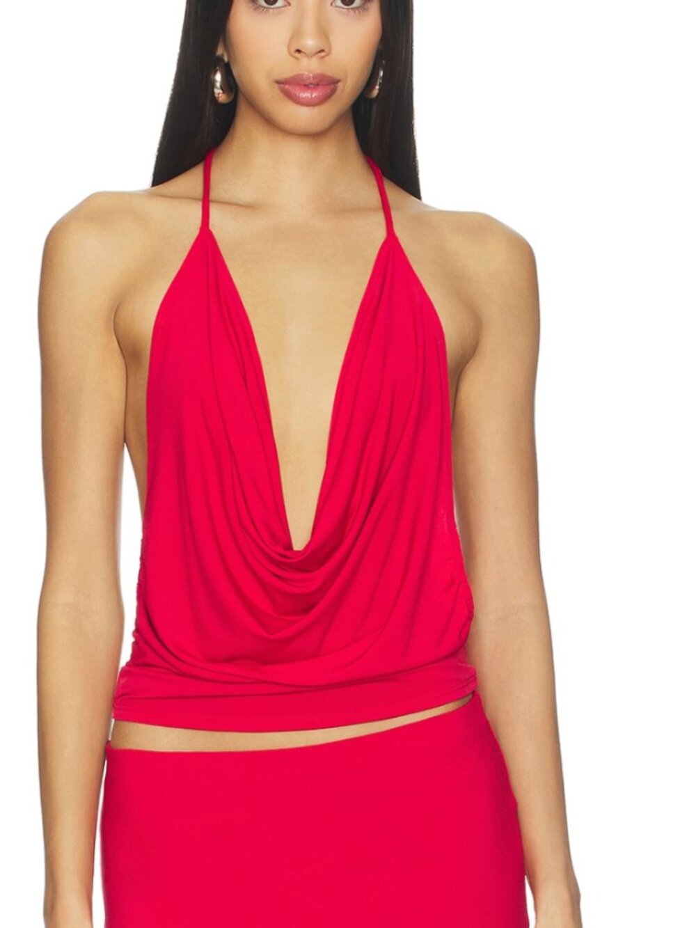 red cowl neck top